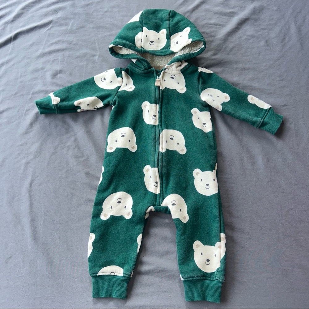 Carter's Green Hooded One-Piece with White Bear Print